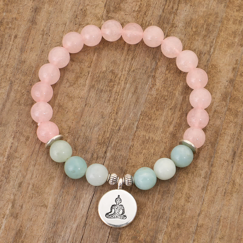 Buddha Stones Natural Pink Crystal Amazonite Lotus Buddha OM Symbol Warmth Bracelet