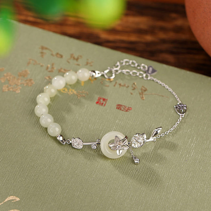 Buddha Stones 925 Sterling Silver Hetian Jade Peace Buckle Lotus Luck Chain Bracelet