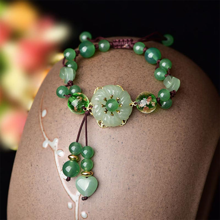 Buddha Stones Natural Green Jade Luck Dangling Flower Bracelet