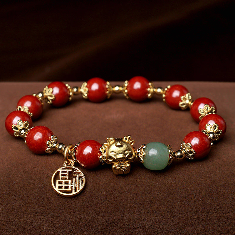 Buddha Stones Year of the Dragon Natural Cinnabar Fu Character Charm Blessing Bracelet