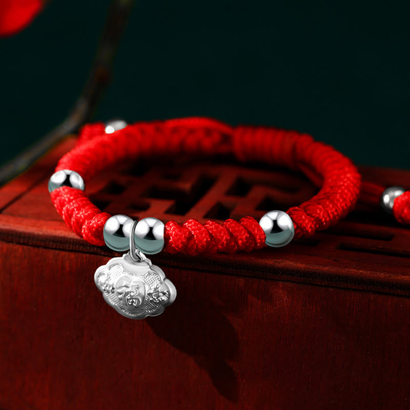 Buddha Stones 925 Sterling Silver Handmade Fu Character Lucky Money Bag Chinese Lock Charm Bell Lotus Copper Coin King Kong Knot Braided Kids Bracelet