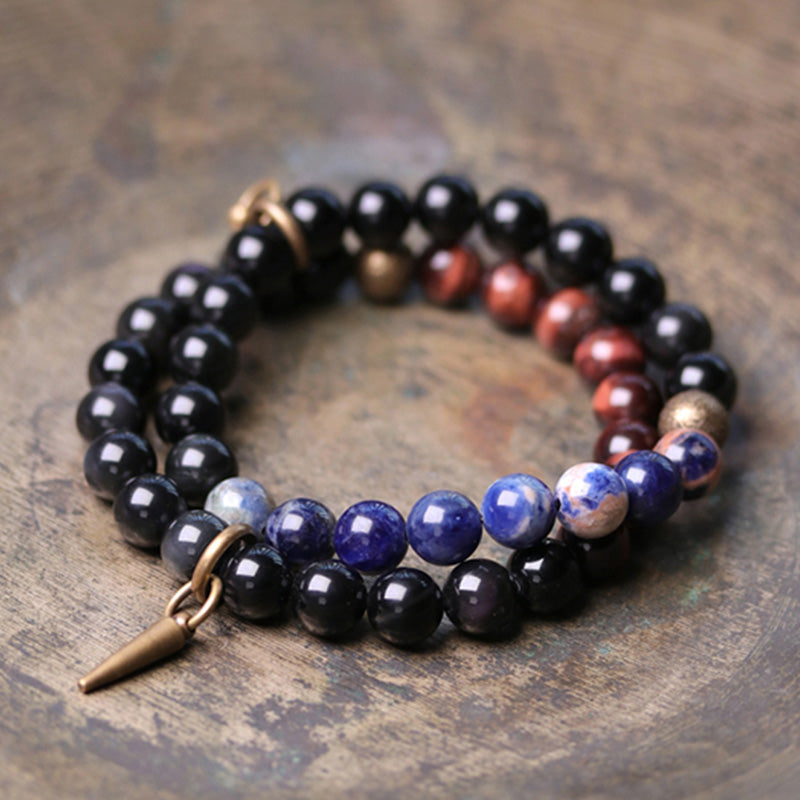 Buddha Stones Black Obsidian Sodalite Crystal Copper Strength Couple Bracelet