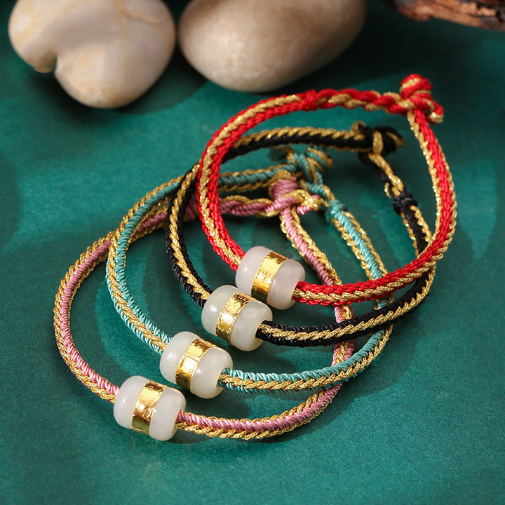 Buddha Stones 999 Gold Hetian White Jade Om Mani Padme Hum Fu Character Luck Braided Bracelet