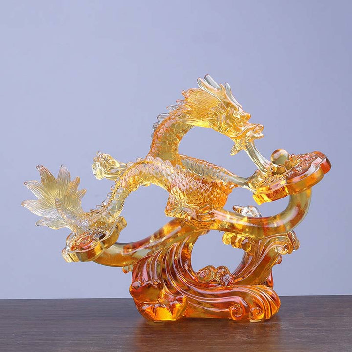 Buddha Stones Year of the Dragon Handmade Ruyi Handle Liuli Crystal Art Piece Protection Home Office Decoration