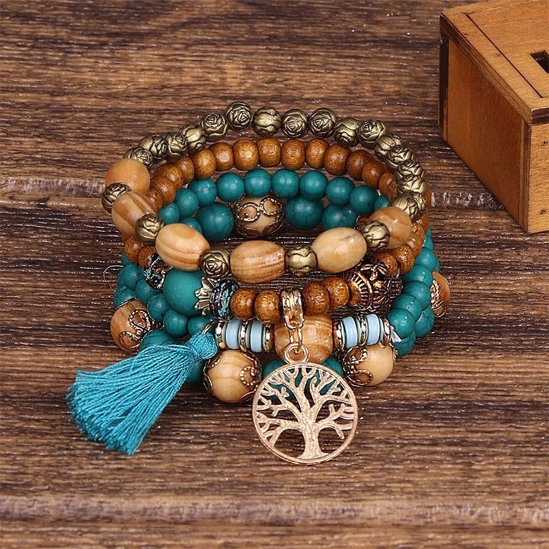 Wenge Wood Layered Tree Tassel Healing Bracelet