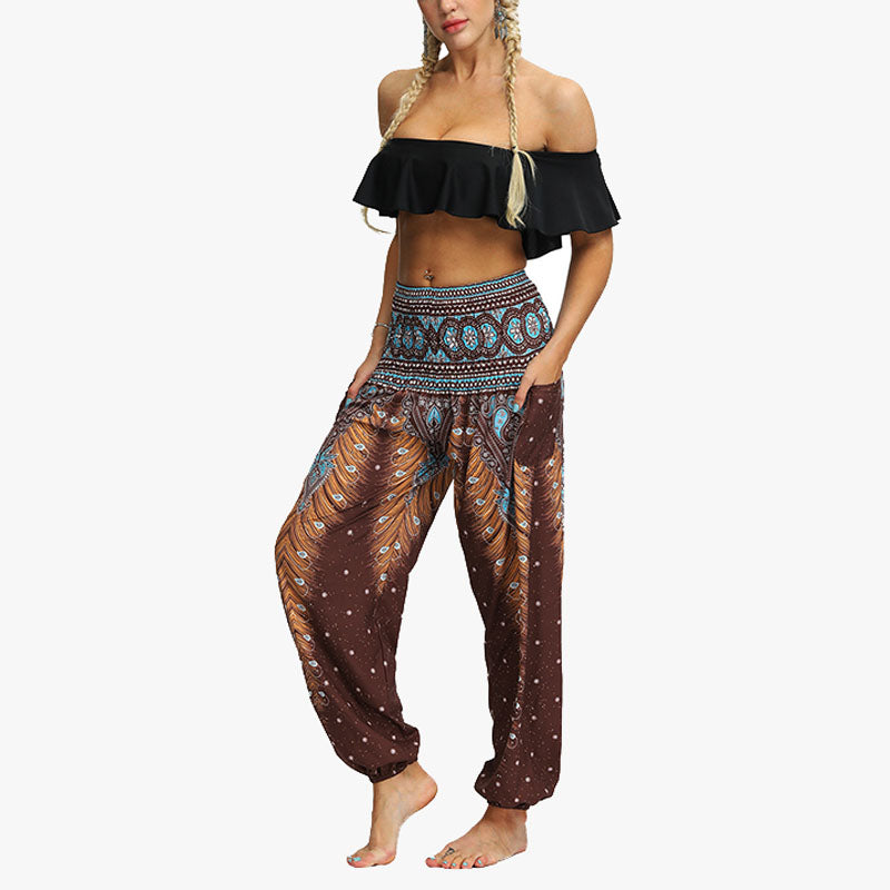 Buddha Stones Feather Print Hippie Baggy Trousers Boho High Waist with Pockets Women's Yoga Pants