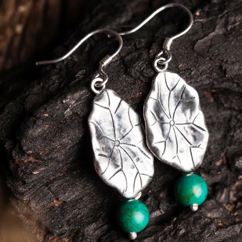 925 Sterling Silver Turquoise Lotus Leaf Protection Drop Dangle Earrings