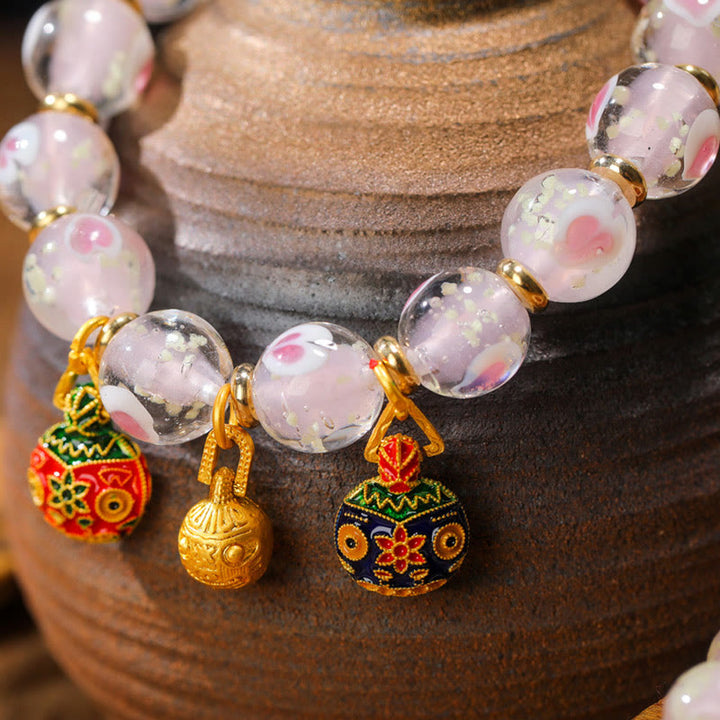 Buddha Stones Gold Swallowing Beast Family Charm Luminous Pink Love Heart Fluorescent Liuli Glass Bead Blessings Bracelet