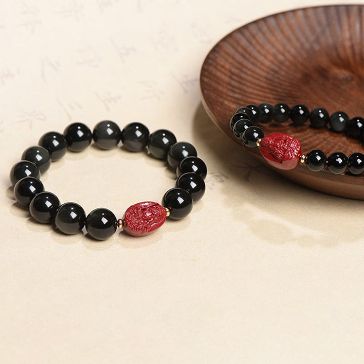 Buddha Stones Chinese Zodiac Natal Buddha Natural Black Obsidian Cinnabar Purification Bracelet