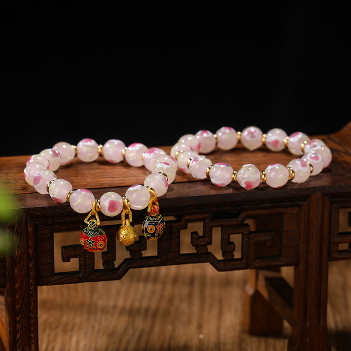 Buddha Stones Gold Swallowing Beast Family Charm Luminous Pink Love Heart Fluorescent Liuli Glass Bead Blessings Bracelet