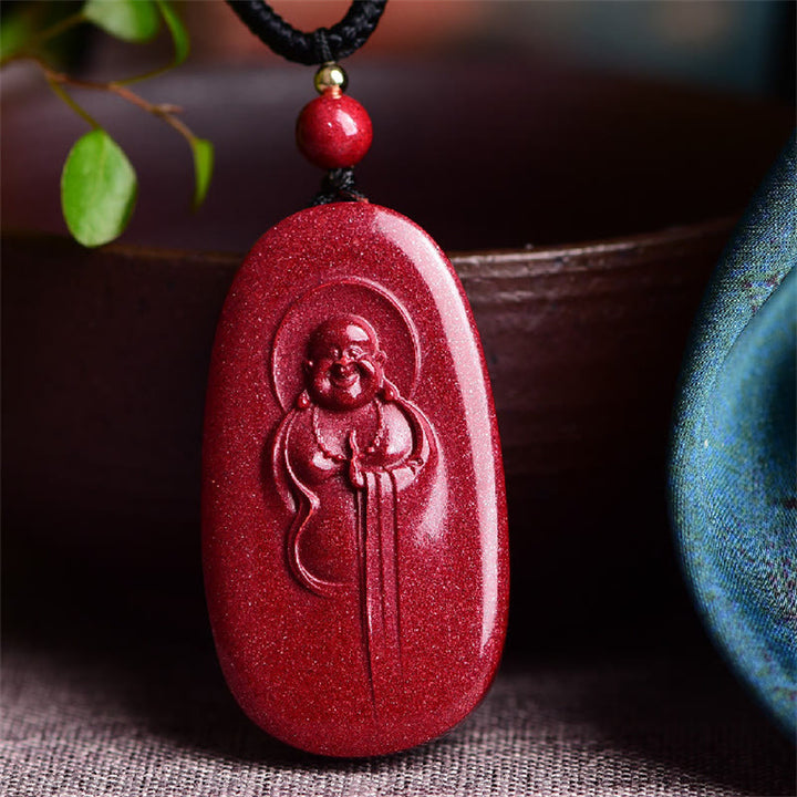 Buddha Stones Laughing Buddha Yin Yang Chinese Zodiac Gourd Natural Cinnabar Blessing Necklace Pendant