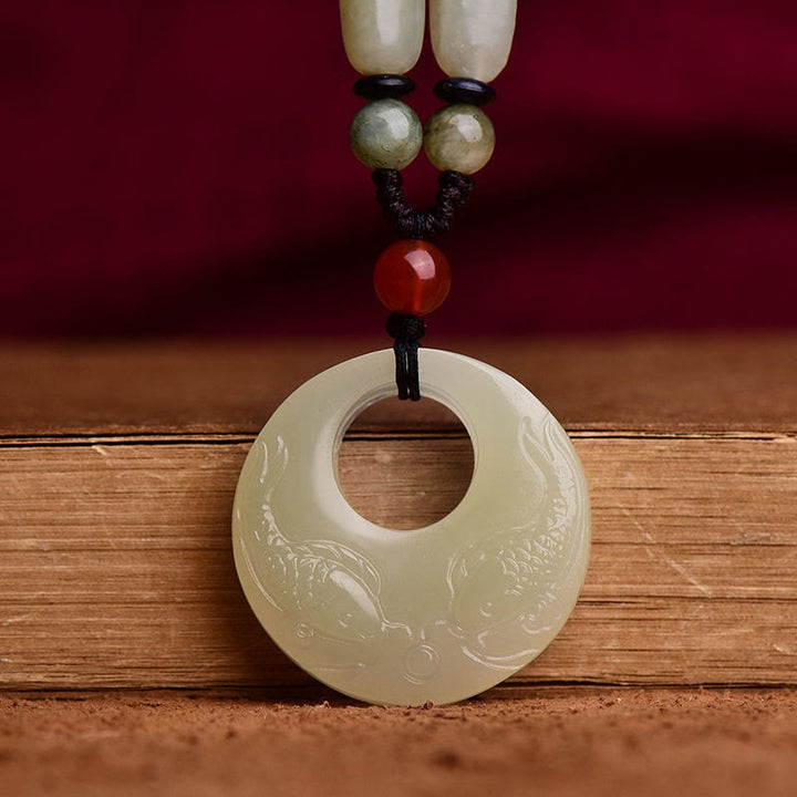 Buddha Stones White Jade Double Koi Fish Carved Prosperity Success Necklace Pendant