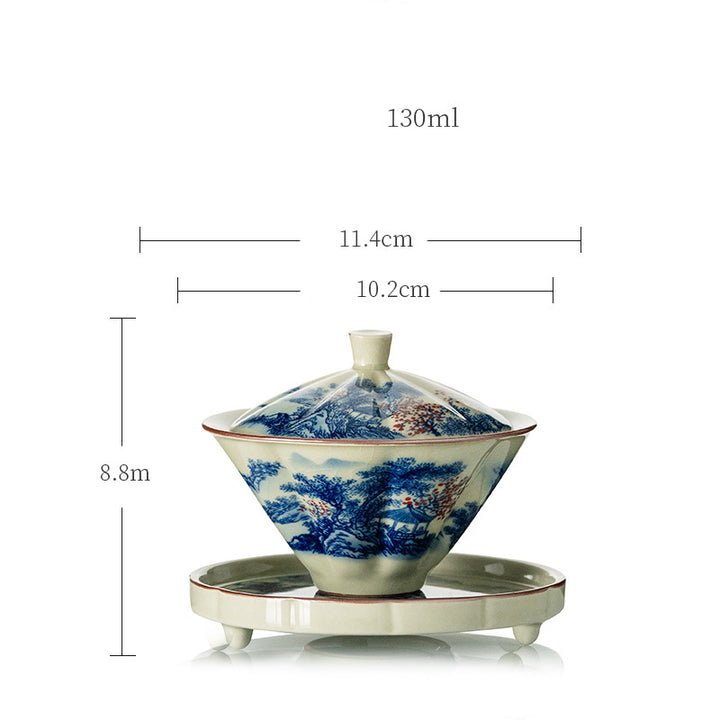 Buddha Stones Pine Mountain Forest Landscape Ceramic Gaiwan Sancai Teacup Kung Fu Tea Cup And Saucer With Lid