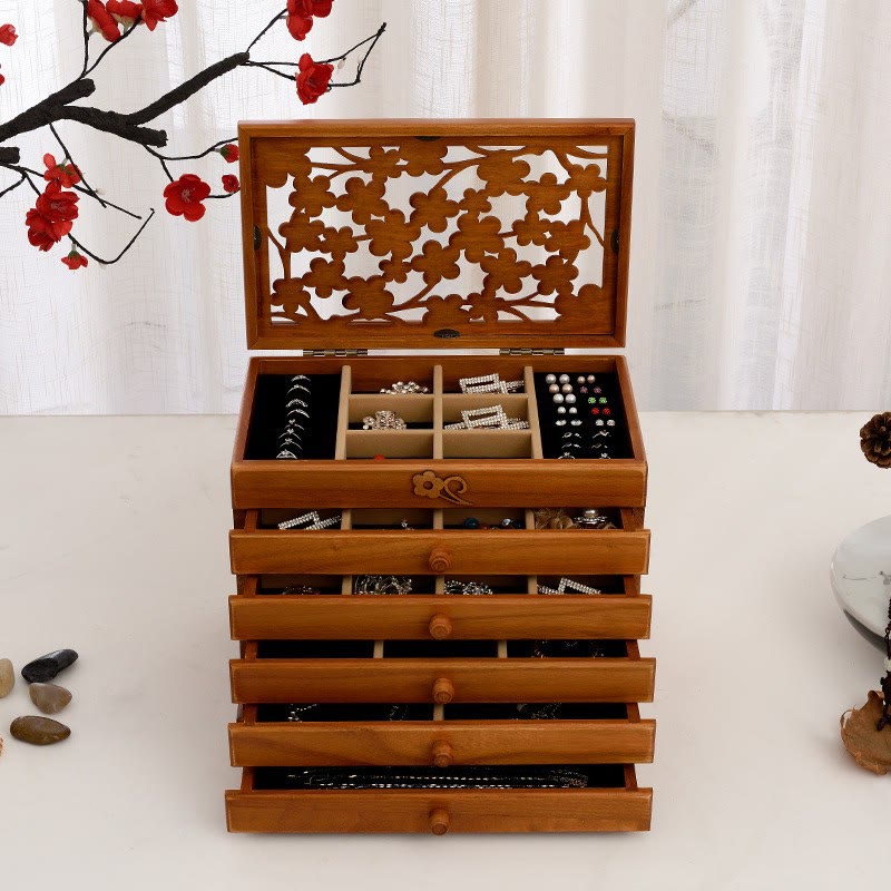 Buddha Stones Vintage Plum Blossom Carved Wooden Jewelry Box Six-Layer Jewelry Storage Box