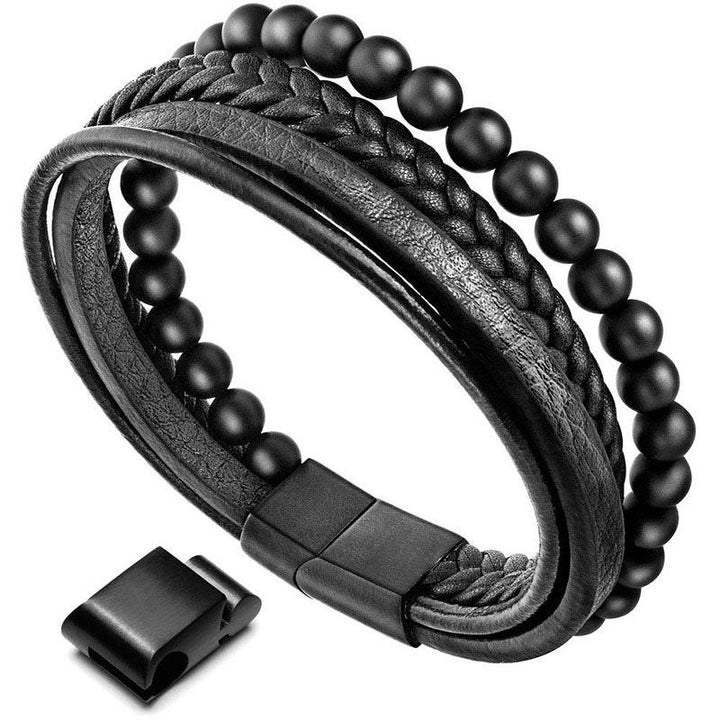 Buddha Stones Natural Lava Rock Black Onyx Bead Leather Bracelet