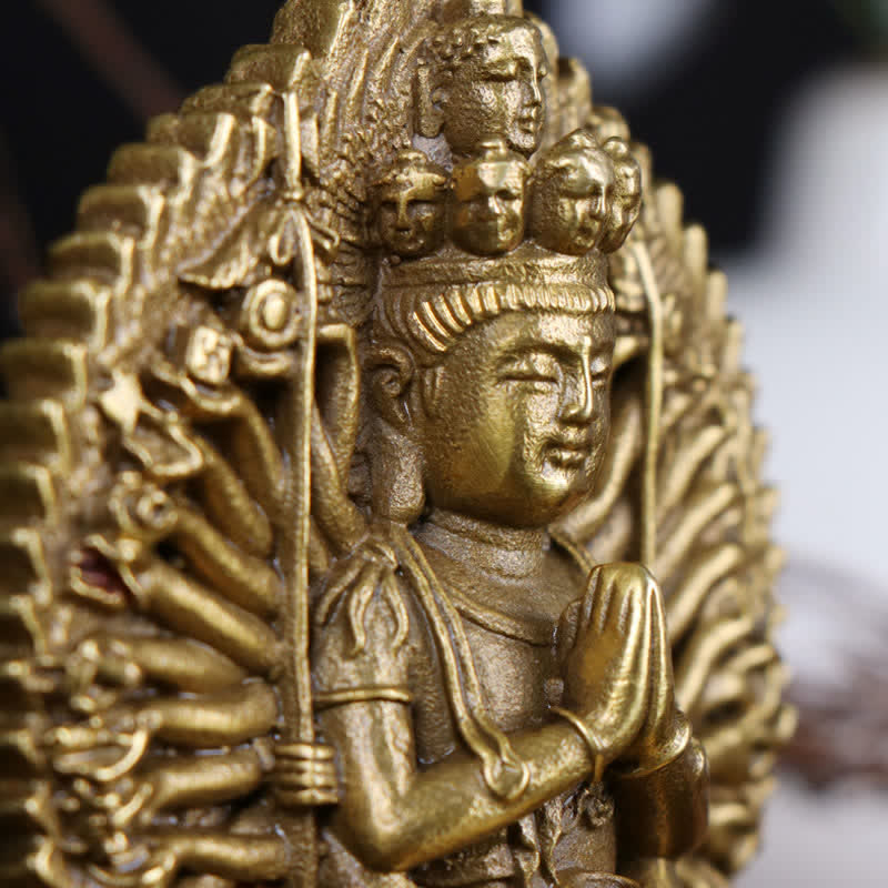 Chenrezig Thousand-handed Avalokitesvara Figurine Double-sided Kuan Yin Bodhisattva Protection Solid Copper Statue Decoration