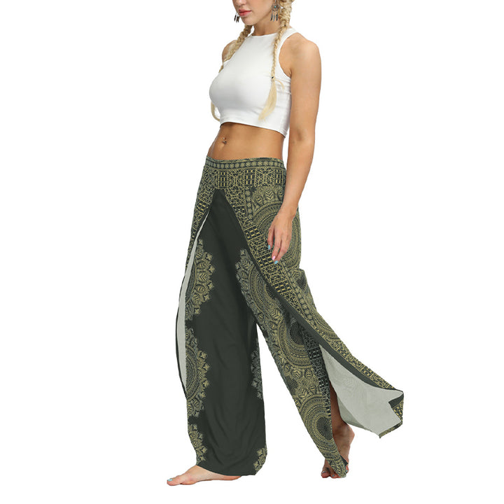 Buddha Stones Boho Pants Wide Leg Pants with Slits Sports Fitness Dance Women's Yoga Pants