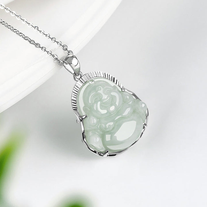 Buddha Stones 925 Sterling Silver Laughing Buddha Jade Luck Calm Necklace Chain Pendant