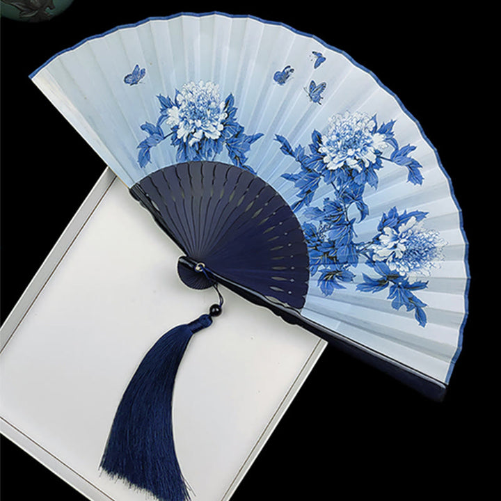 Buddha Stones Vintage Bamboo Peony Butterfly Lotus Handheld Silk Folding Fan With Bamboo Frames