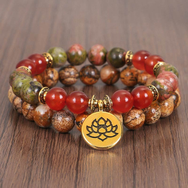 Buddha Stones Tibetan Picture Jasper Positive Lotus Bracelet Set