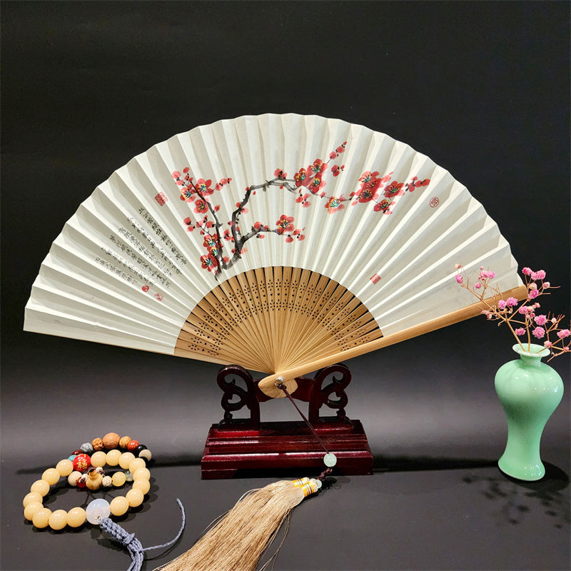 Buddha Stones A Panorama Of Rivers And Mountains Cranes Orchid Flower Paper Bamboo Handheld Silk Bamboo Folding Fan 22cm