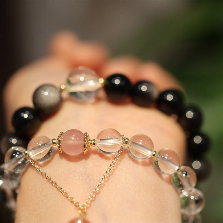 Natural Silver Sheen Obsidian Pink Crystal White Crystal Protection Yin Yang Color Couple Bracelet