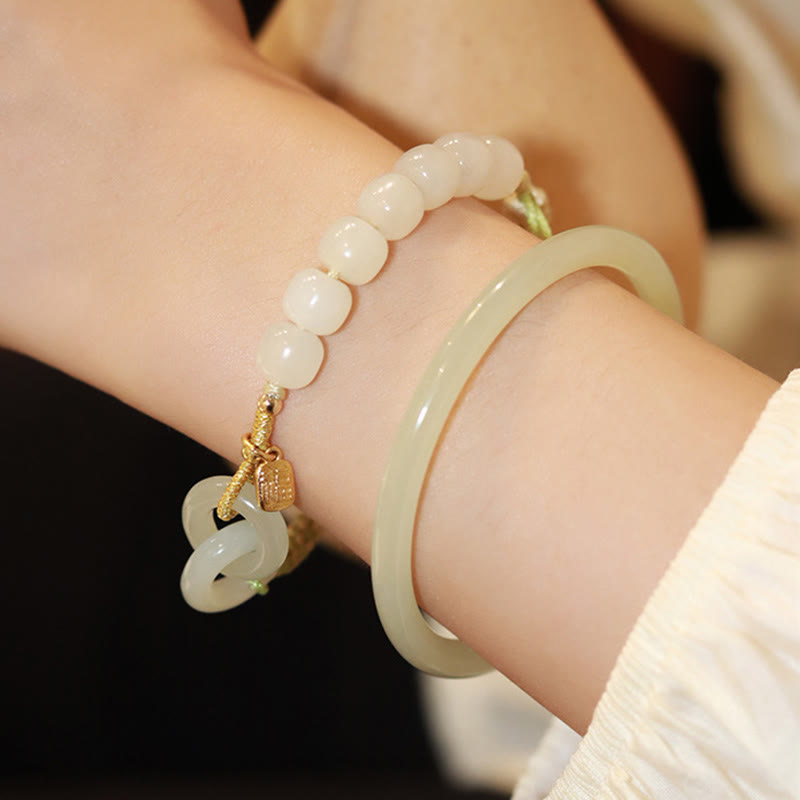 Buddha Stones Natural Hetian Jade Bead Double Peace Buckle Fu Character Abundance Braided Bracelet