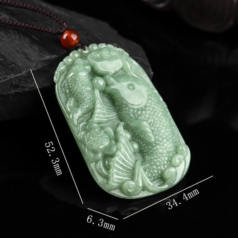 Buddha Stones Natural Jade Koi Fish Lotus Wealth Prosperity Necklace Pendant