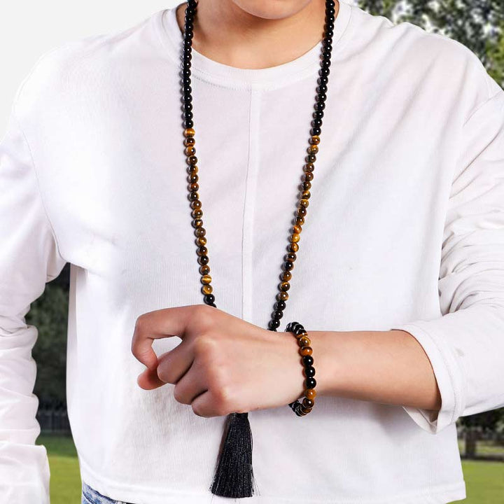 Buddha Stones Tibetan Black Onyx Tiger Eye Protection Necklace Mala Set