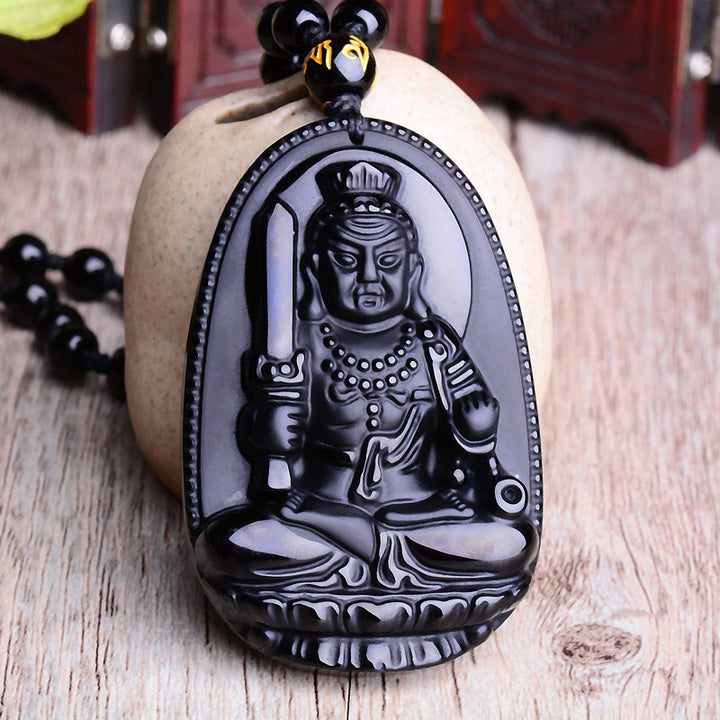 Buddha Stones Chinese Zodiac Obsidian Buddha Amulet Protection Pendant Necklace