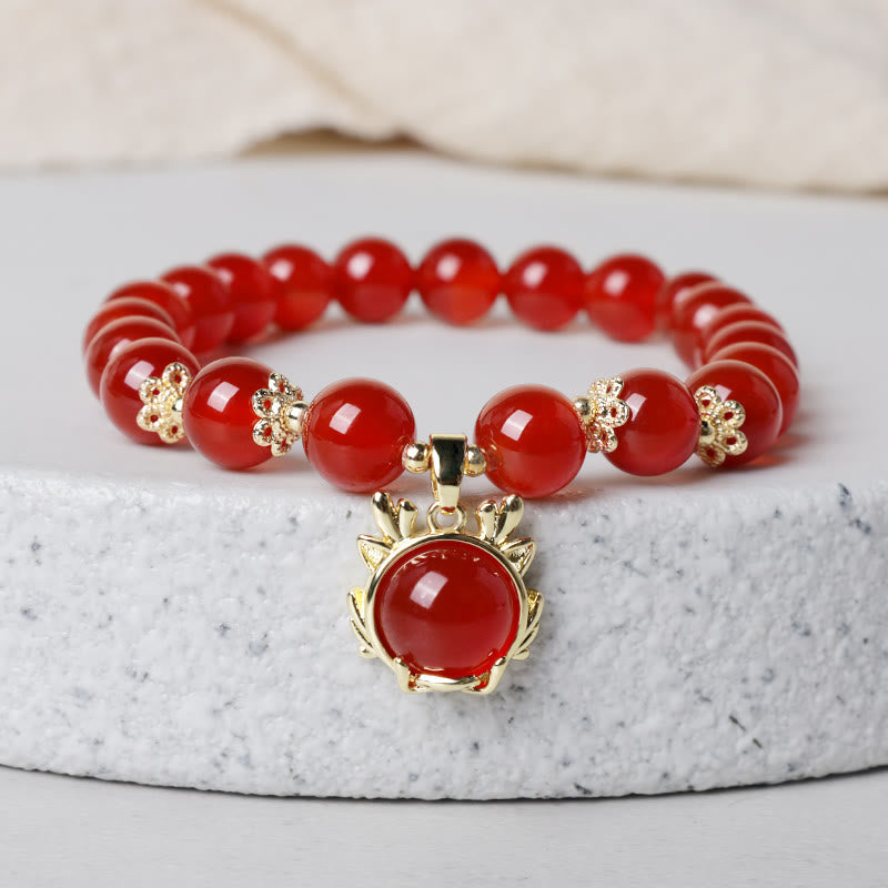 Buddha Stones Year of the Dragon Red Agate Jade Peace Buckle Fu Character Success Bracelet