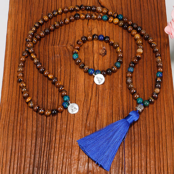 108 Mala Beads Tiger Eye Buddha Strength Bracelet Tassel Necklace Pendant