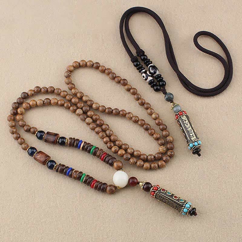 Buddha Stones Tibetan Om Mani Padme Hum Dzi Bead Wenge Wood Necklace Pendant