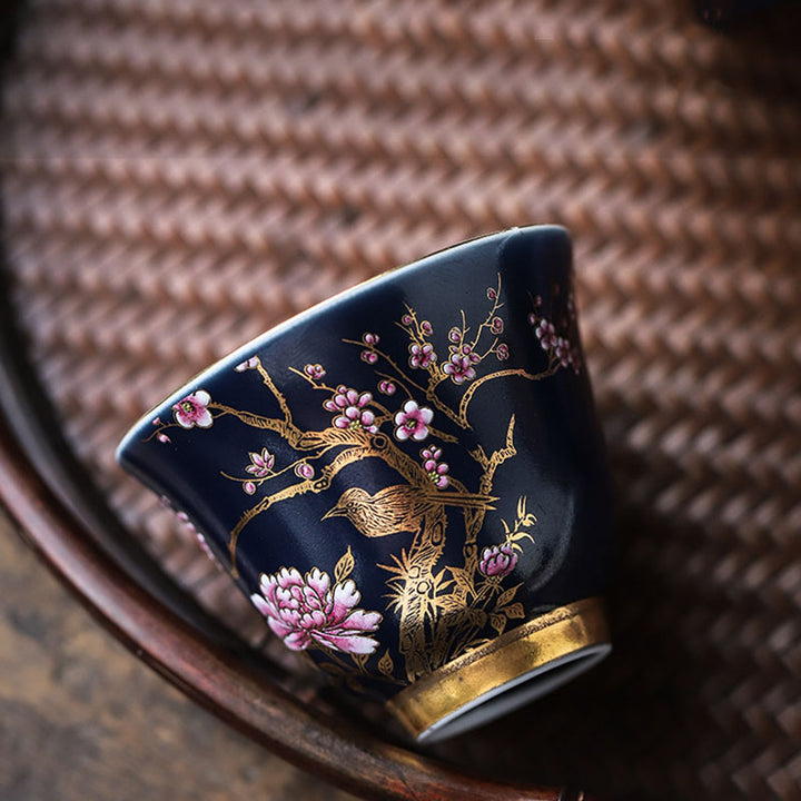 Buddha Stones Golden Magpie Peony Flower Ceramic Teacup Kung Fu Tea Cup