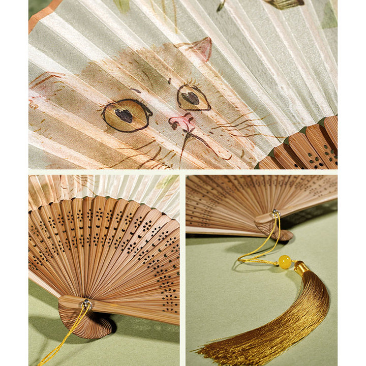 Buddha Stones Cute Cat Butterfly Flowers Pattern Handheld Silk Bamboo Folding Fan 21cm