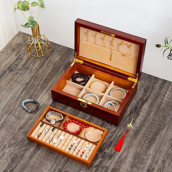 Buddha Stones Vintage Wooden Jewelry Box Two-Layer Solid Wood Jewelry Storage Box