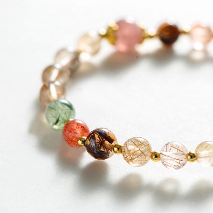 Buddha Stones Natural Rutilated Quartz Strawberry Quartz PiXiu Wealth Bracelet