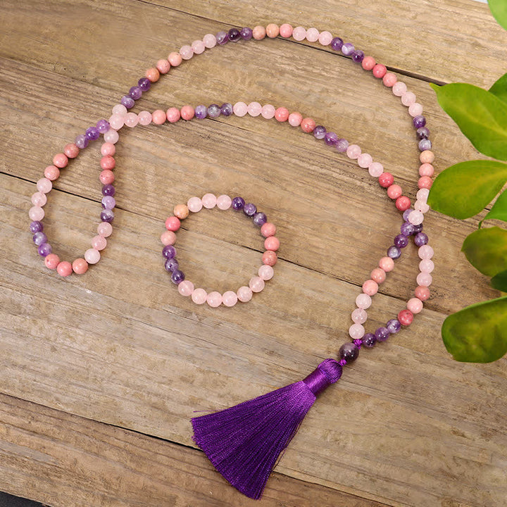 Buddha Stones 108 Mala Beads Amethyst Rose Quartz Spiritual Healing Tassel Bracelet