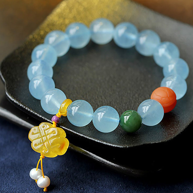 Natural Aquamarine Amber Chinese Knotting Charm Peace Bracelet