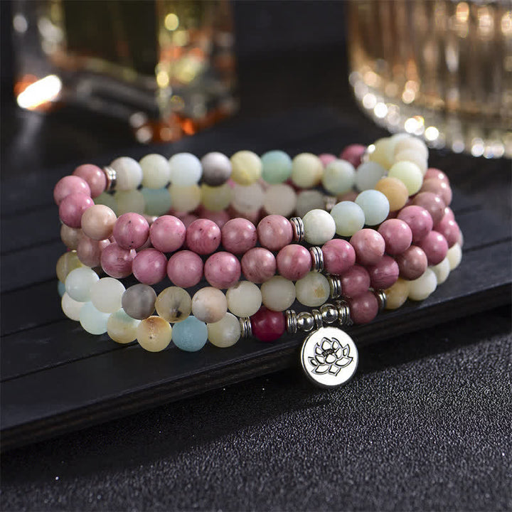 Buddha Stones Lazurite Picasso Jasper Amazonite Rhodonite Apatite Positive Lotus Prayer Bead Bracelet