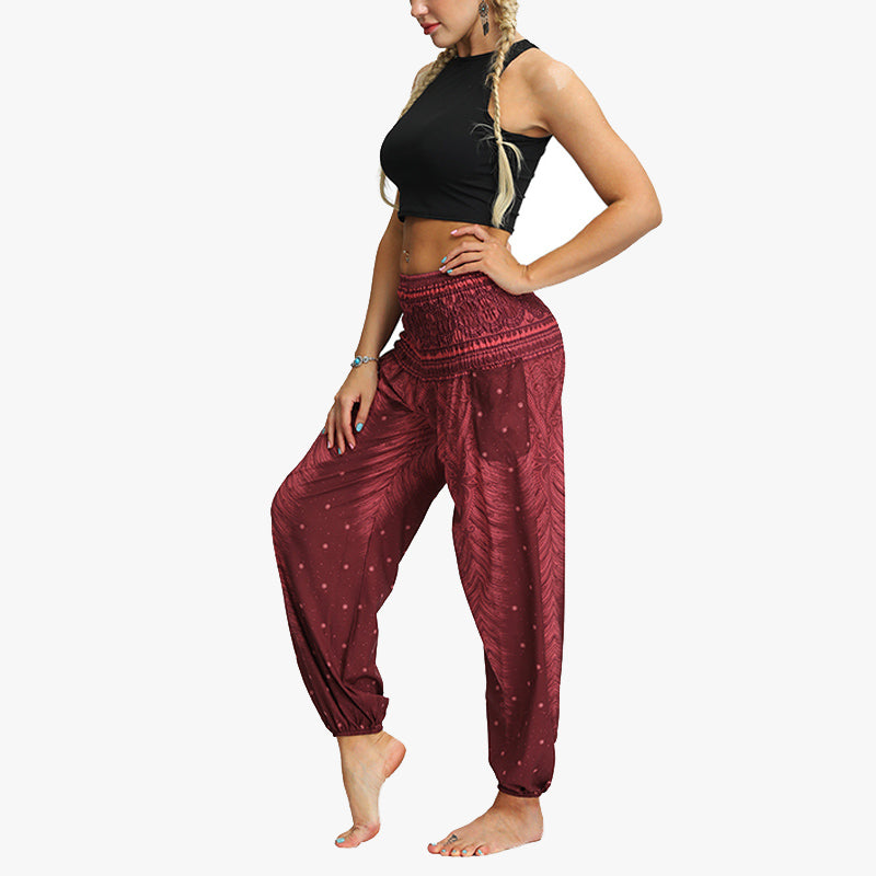 Buddha Stones Feather Print Hippie Baggy Trousers Boho High Waist with Pockets Women's Yoga Pants