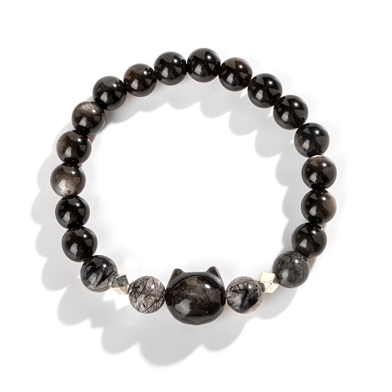 Buddha Stones Natural Silver Sheen Obsidian Cute Cat Head Protection Bracelet