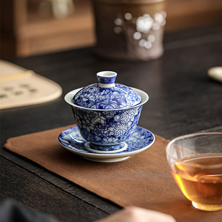 Buddha Stones Vintage Blue And White Porcelain Ceramic Gaiwan Sancai Teacup Kung Fu Tea Cup And Saucer With Lid
