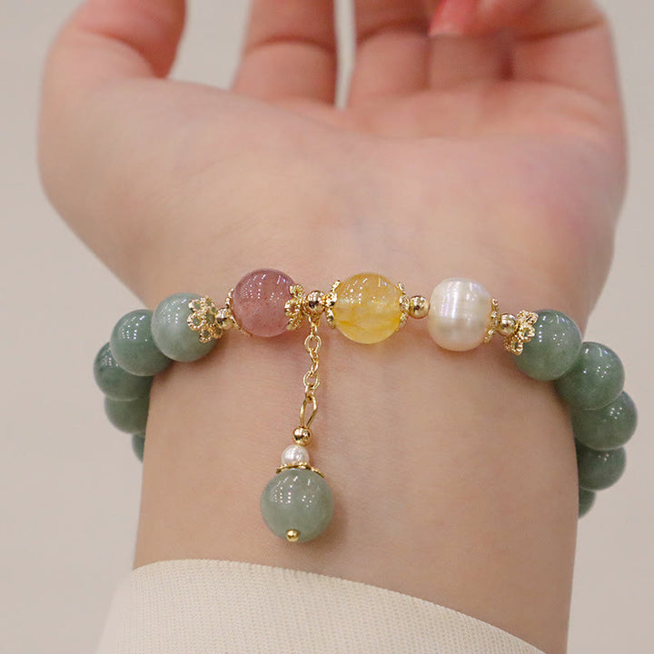 Buddha Stones Jade Pearl Strawberry Quartz Abundance Luck Bead Charm Bracelet