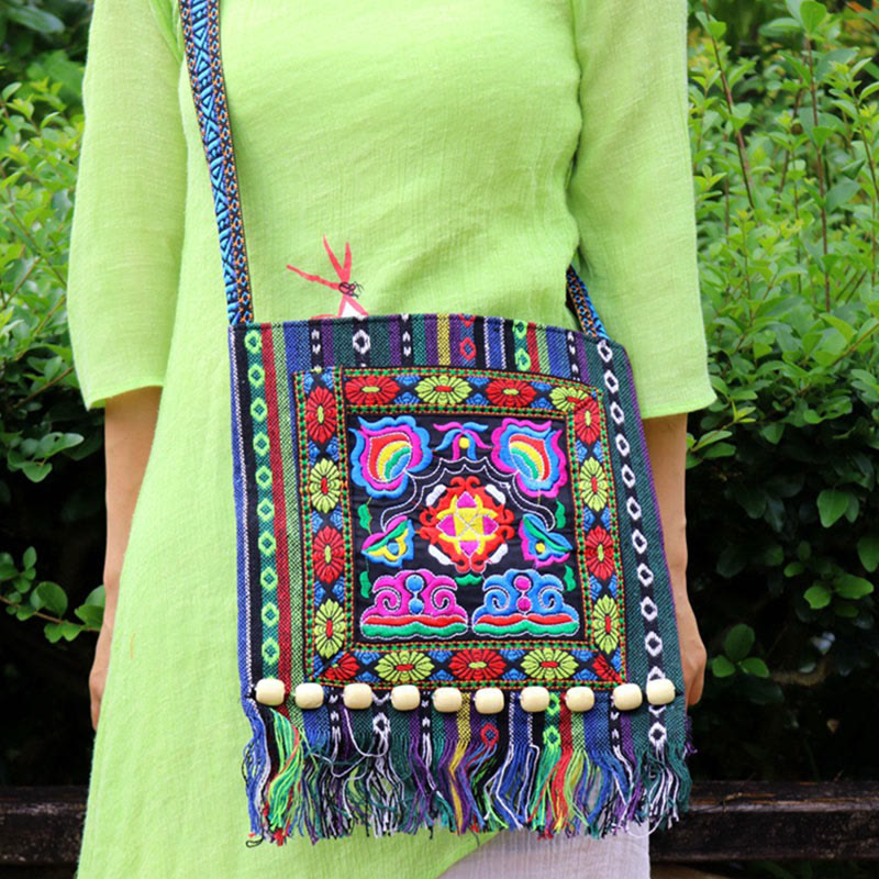 Tibetan Handmade Embroidered Camellia Canvas Shoulder Bag Crossbody Bag