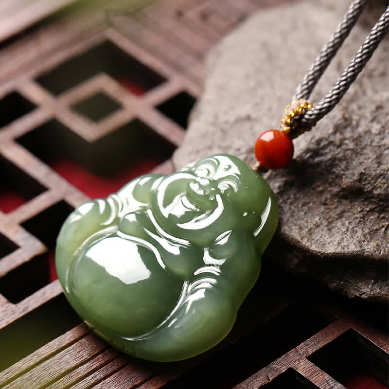 Laughing Buddha Hetian Jade Abundance Necklace String Pendant