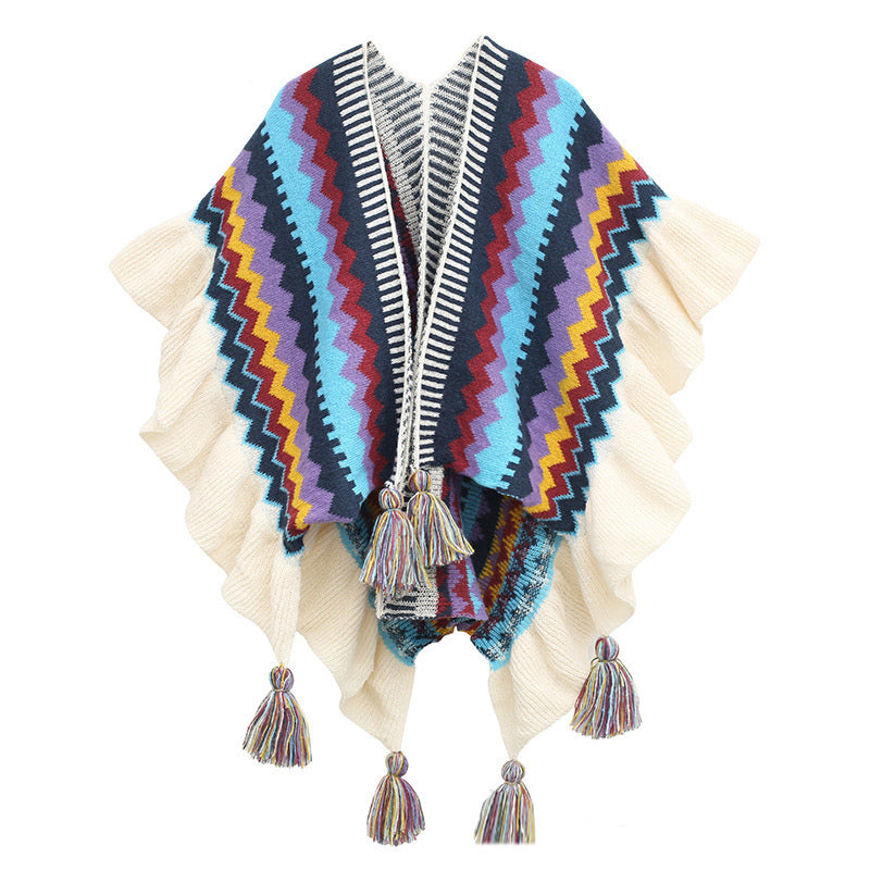 Buddha Stones Tibetan Shawl Colorful Striped Wavy Line Tassels Winter Cozy Travel Scarf Wrap