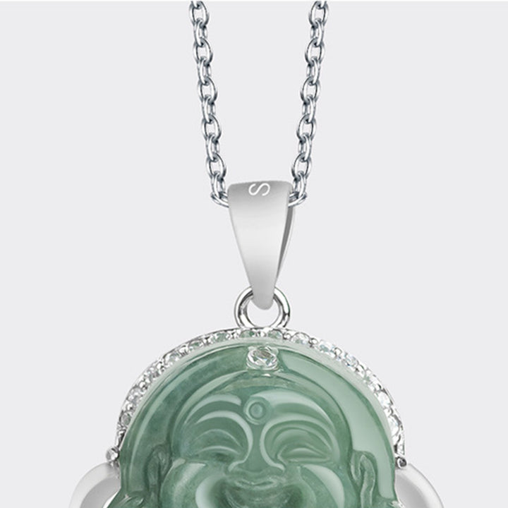 Buddha Stones 925 Sterling Silver Laughing Buddha Jade Abundance Necklace Chain Pendant