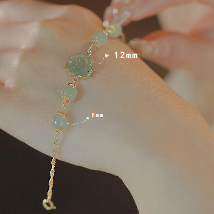 Buddha Stones 14K Gold Plated Hetian Jade Rose Flower Luck Chain Bracelet