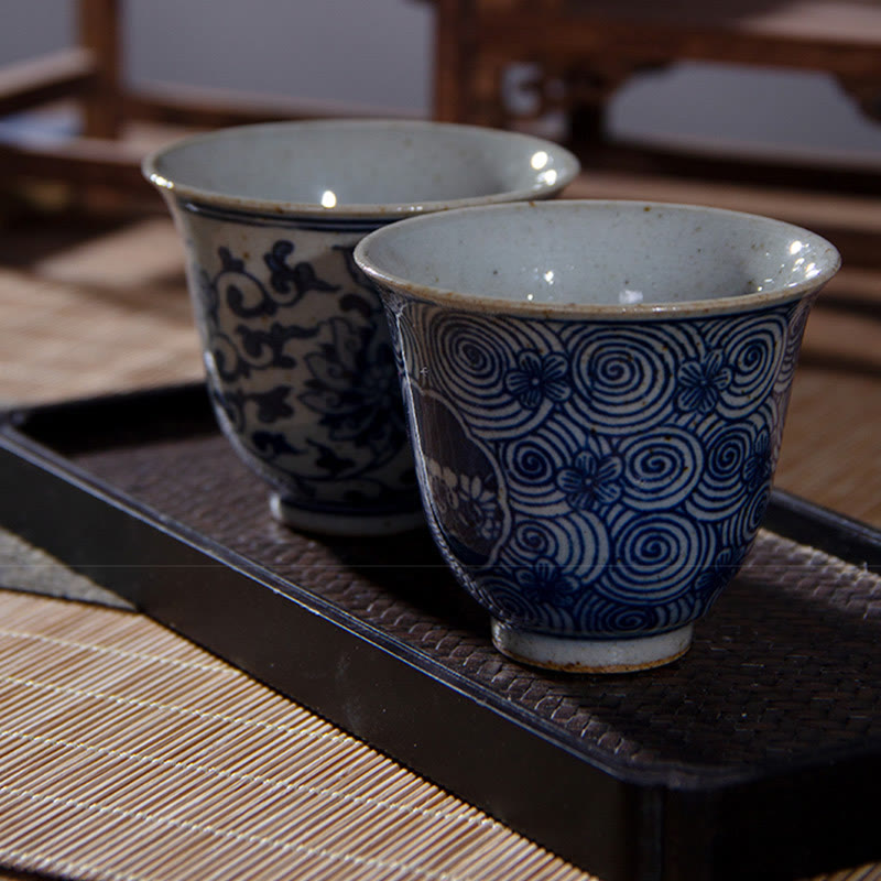 Buddha Stones Jingdezhen Blue and White Porcelain Hand Painted Lotus Plum Blossom Ceramic Teacup Kung Fu Tea Cups